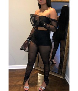 Lovely Sexy Dew Shoulder See-through Black Two-piece Pants Set