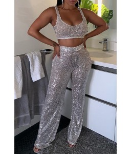 Lovely Sexy Spaghetti Straps Loose Silver Two-piece Pants Set