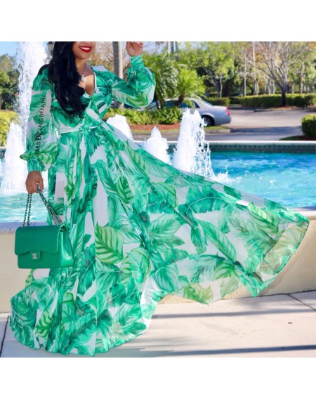 Lovely Bohemian V Neck Long Sleeves Floral Printed Green Chiffon Floor Length Dress