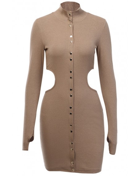Lovely Casual Buttons Design Brown Mini Dress