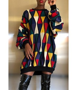 Lovely Trendy O Neck Geometric Multicolor Mini Dress