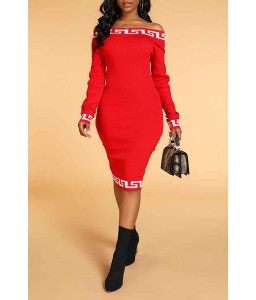 Lovely Casual Dew Shoulder Print Red Knee Length Dress