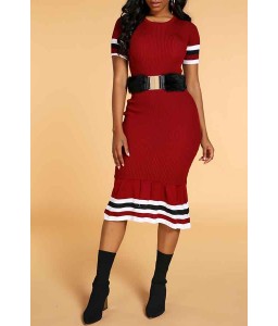 Lovely Chic Striped Wine Red Knee Length Dress