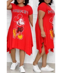 Lovely Leisure Printed Red  Mid Calf Plus Size Dress