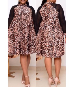 Lovely Trendy Patchwork Leopard Printed Knee Length Plus Size Dress