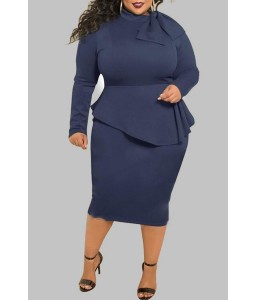 Lovely Trendy Flounce Design Deep Blue Knee Length Plus Size Dress