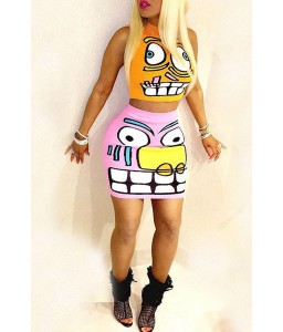 Lovely Casual O Neck Cartoon Printed Multicolor Two-piece Skirt Set