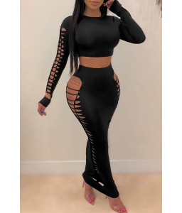 Lovely Sexy Hollow-out Black Two-piece Skirt Set