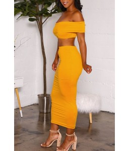 Lovely Euramerican Dew Shoulder  Yellow Two-piece Skirts Set