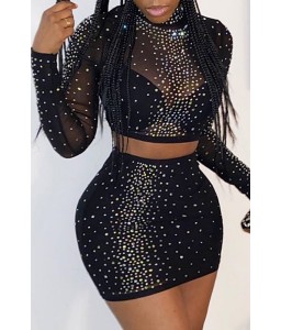 Lovely Party Turtleneck Hot Drilling Decorative Black Two-piece Skirt Set