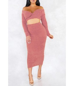 Lovely Trendy V Neck Skinny Pink Two-piece Skirt Set