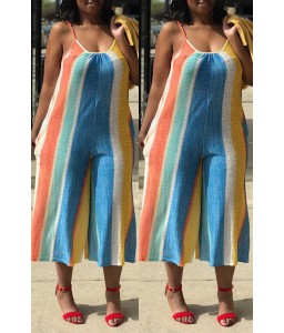 Lovely Casual Striped Patchwork Multicolor Loose One-piece Jumpsuit