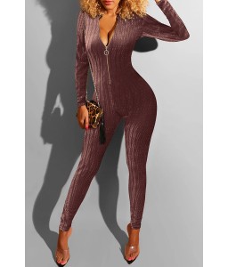 Lovely Casual Zipper Striped Wine Red One-piece Jumpsuit