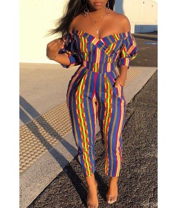 Lovely Stylish Off The Shoulder Striped Multicolor One-piece Jumpsuit