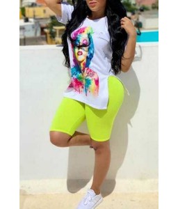 Lovely Casual O Neck Printed White Two-piece Shorts Set