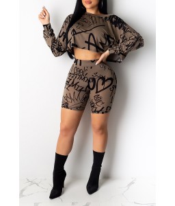 Lovely Casual Letter Printed Khaki Two-piece Shorts Set