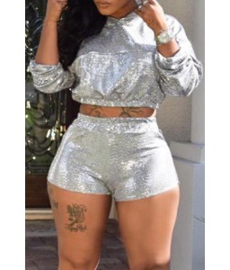 Lovely Trendy Crop Top Silver Two-piece Shorts Set