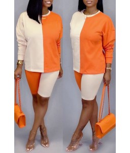 Lovely Trendy Color-lump Patchwork Orange Two-piece Shorts Set