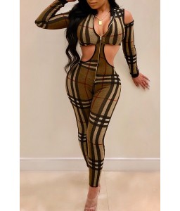 Lovely Sexy Plaid Printed Hollow-out Multicolor One-piece Jumpsuit