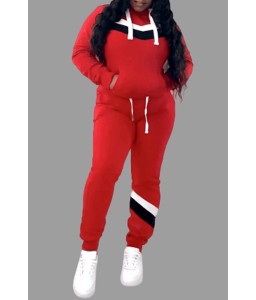 Lovely Casual Hooded Collar Patchwork Red Plus Size Two-piece Pants Set