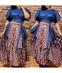 Lovely Casual Plaid Printed Blue Plus Size Two-piece Skirt Set