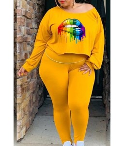 Lovely Casual Lip Printed Yellow Plus Size Two-piece Pants Set