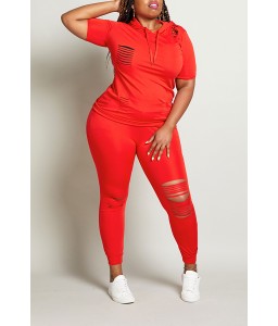 Lovely Leisure Hollow-out Red Plus Size Two-piece Pants Set