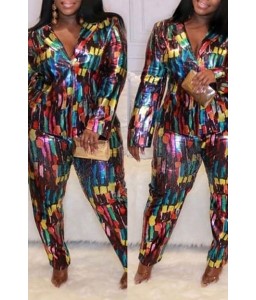 Lovely Trendy Color-lump Patchwork Multicolor Plus Size Two-piece Pants Set