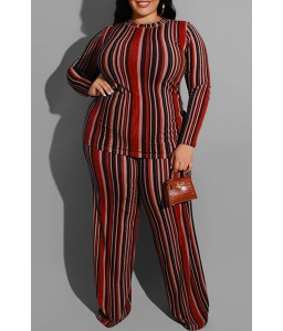 Lovely Casual Striped Wine Red Plus Size Two-piece Pants Set