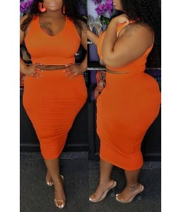 Lovely Casual O Neck Sleeveless Orange Two-piece Skirt Set