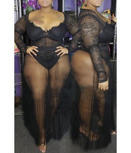 Lovely Sexy See-through Black Plus Size Two-piece Skirt Set