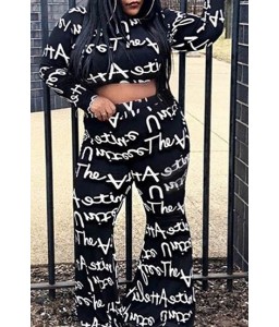 Lovely Casual Letter Printed Black Plus Size Two-piece Pants  Set