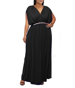 Lovely Casual V Neck Sleeveless Black Ankle Length Plus Size Dress(Without Belt)