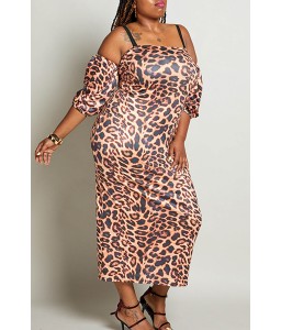 Lovely Chic Leopard Printed Hollow-out Multicolor Mid Calf Plus Size Dress