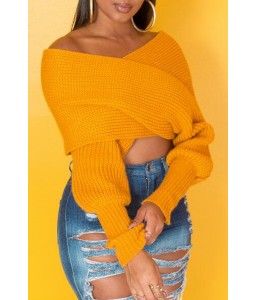 Lovely Casual V Neck Cross-over Design Yellow Sweater