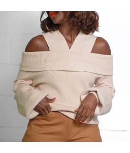 Lovely Casual Dew Shoulder Creamy White Sweater