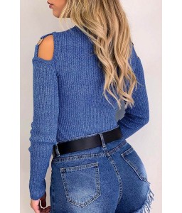 Lovely Trendy Dew Shoulder Blue Sweater
