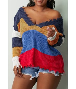 Lovely Casual Asymmetrical Patchwork Navy Blue Sweater