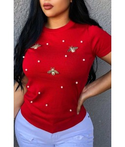 Lovely Leisure Pearls Decoration Red T-shirt