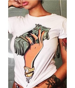 LovelyCasual Round Neck Cartoon Printed White Polyester T-shirt