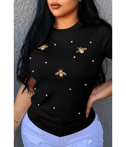 Lovely Leisure Pearls Decoration Black T-shirt