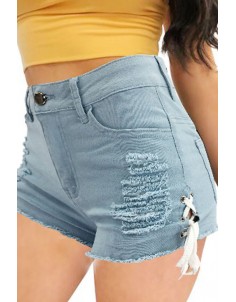Lovely Casual Broken Holes Hollow-out Baby Blue Denim Shorts