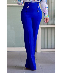 Lovely Stylish High Waist Double-breasted Design Blue Polyester Pants
