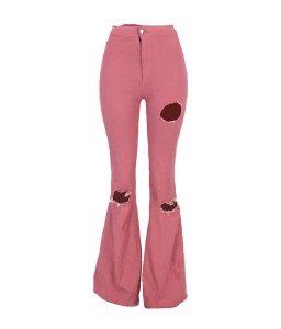 Lovely Casual Mid Waist Broken Holes Pink Pants