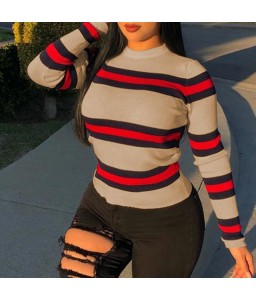 Lovely Casual Striped Khaki Sweatshirt Hoodi