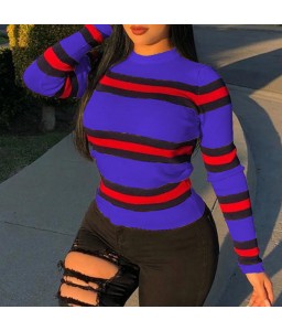 Lovely Casual O Neck Striped Royal Blue Hoodie