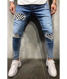 Lovely Casual Plaid Patchwork Baby Blue Jeans