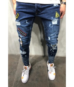 Lovely Casual Patchwork Deep  Blue Jeans